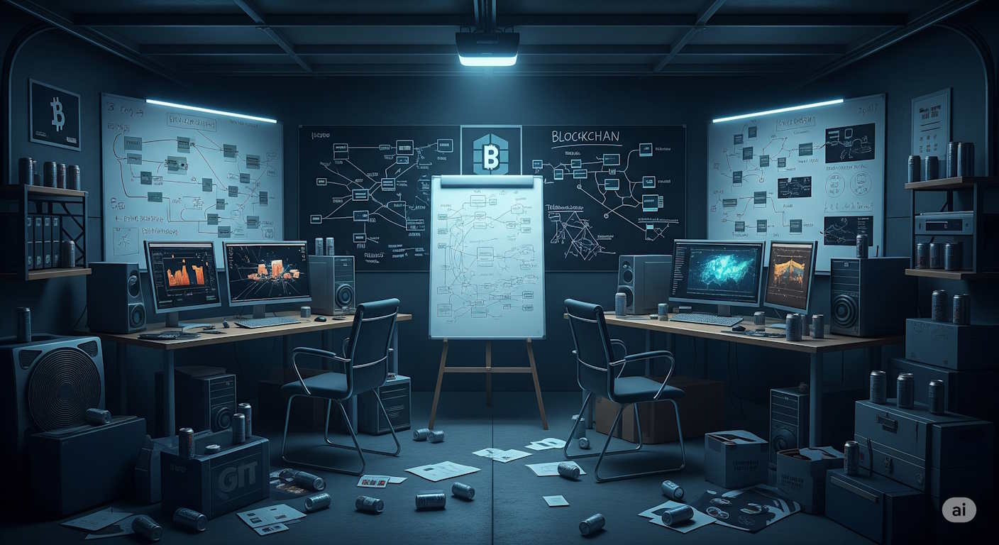 Dramatic photo of a garage with computers, whiteboards covered in blockchain diagrams, and empty energy drink cans scattered around