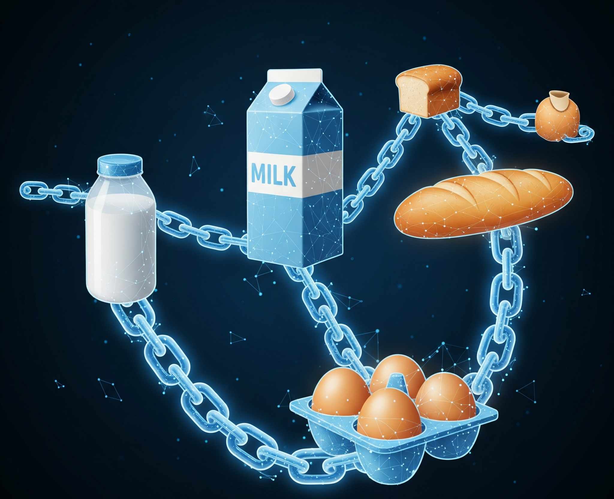 Blockchain-styled grocery list with glowing chain links connecting items like milk, bread, and eggs