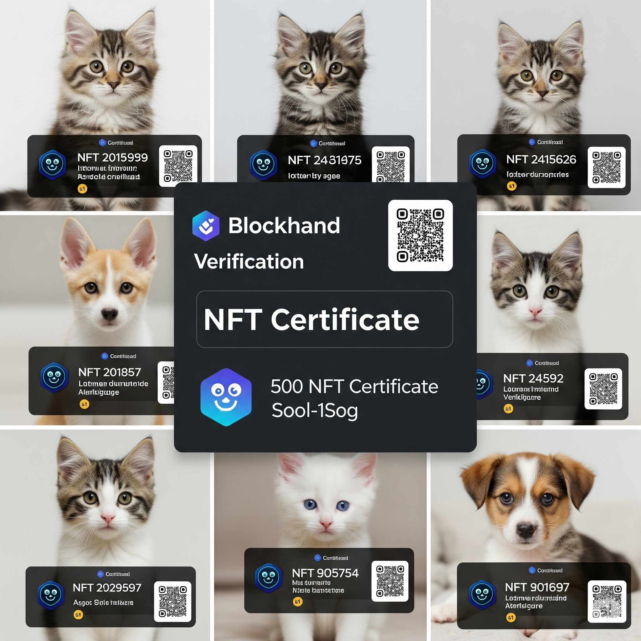 Cute pet photos with NFT certificates and blockchain verification badges