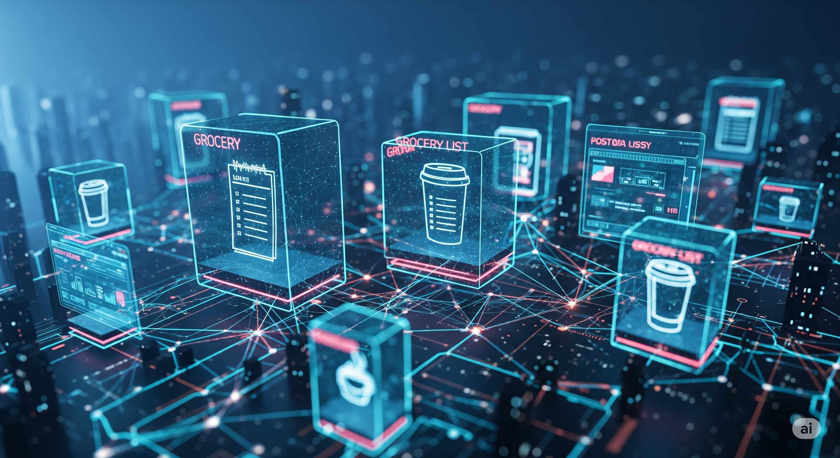 Coffee cup with blockchain network visualization showing decentralized order processing