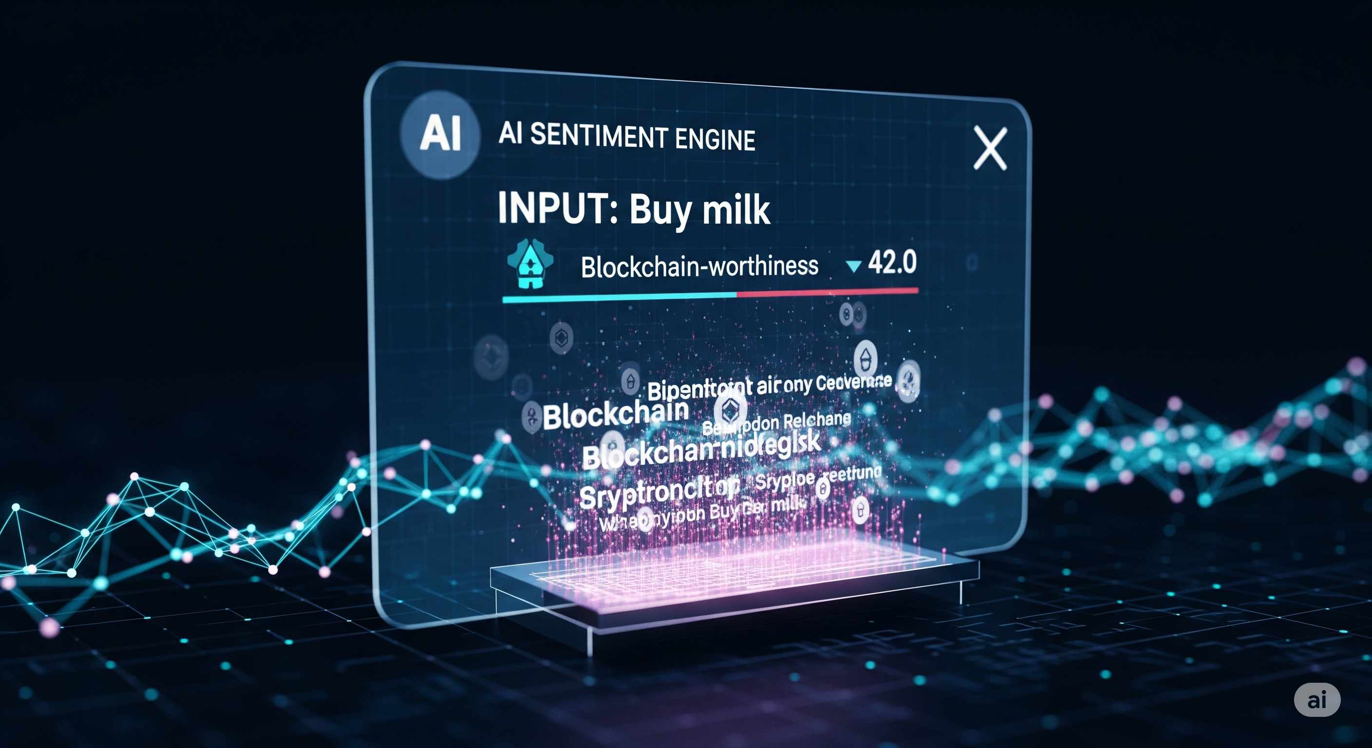 Flowchart showing mundane data being converted into blockchain tokens with AI enhancement algorithms